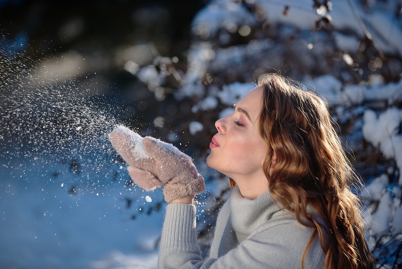 girl, snow, blow, winter, woman, nature, cold, sunlight, happy, enjoyment, happiness, outdoors, portrait