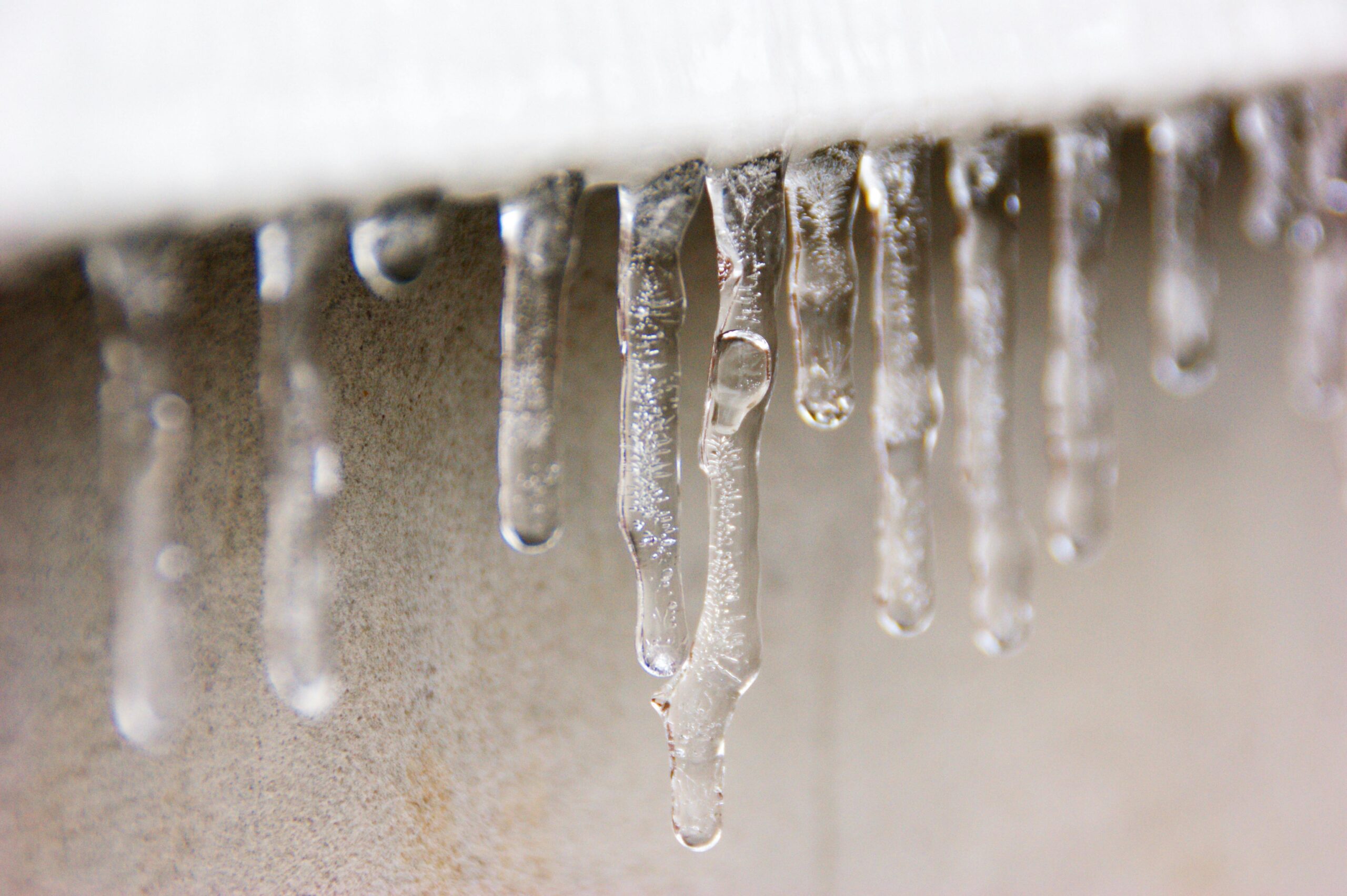 Detailed macro shot of clear icicles hanging against a blurred background.